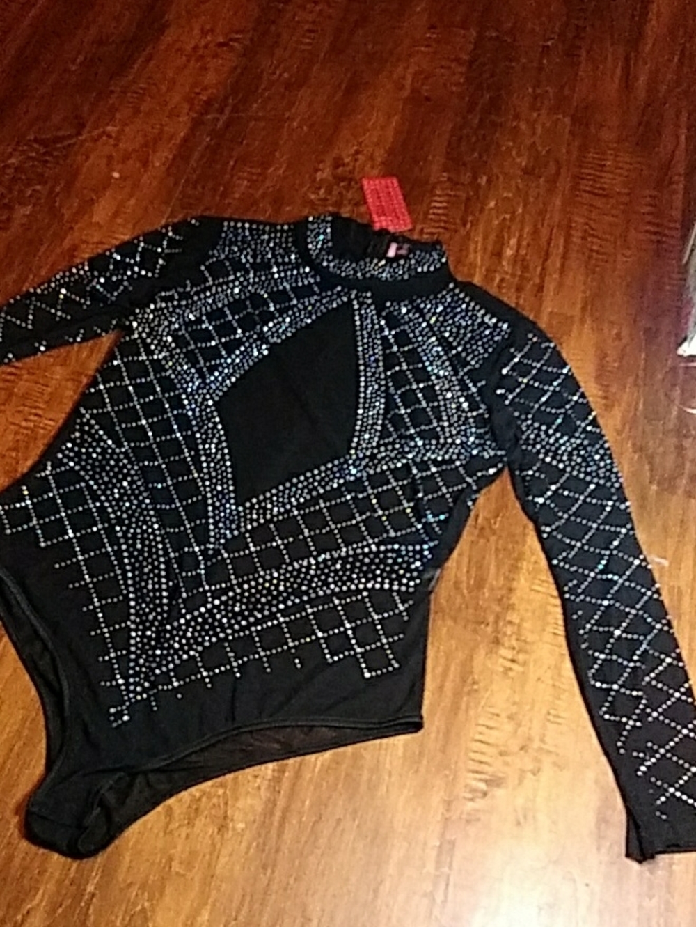 Black Sheer-Mesh Rhinestone Long Sleeve Bodysuit